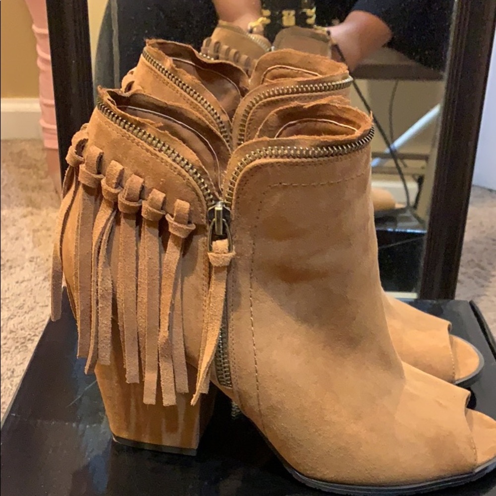 Size 11 camel fringe peep toe bootie